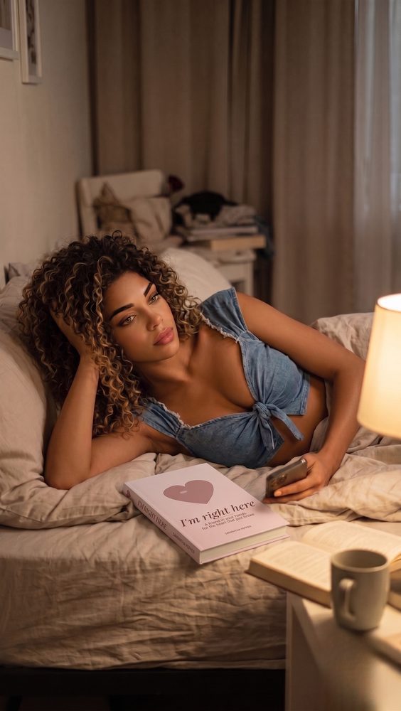 A woman lying awake in bed at night, phone in hand, with I'm Right Here beside her